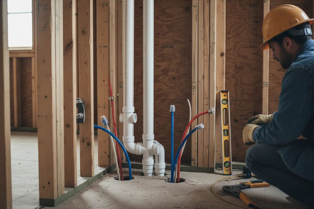 Drain and supply rough-in during Sump Pump Repair in Kennebunk