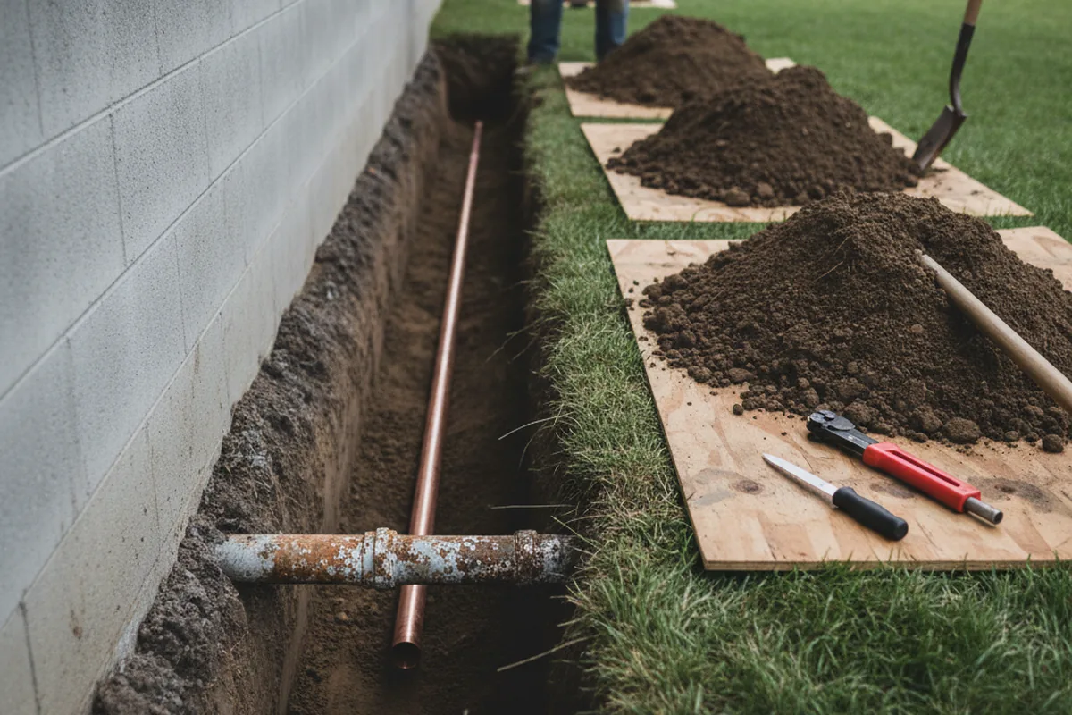 Excavated water line trench during Water Heater Repair in Kennebunk